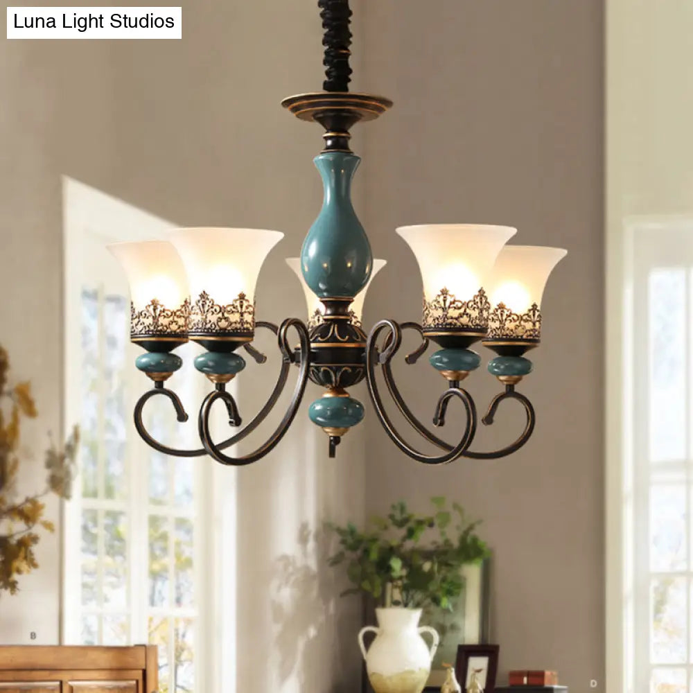 Milky Glass Bell Shade Pendant Light In Rustic Blue - 3/5/6-Head Chandelier For Unique Lighting