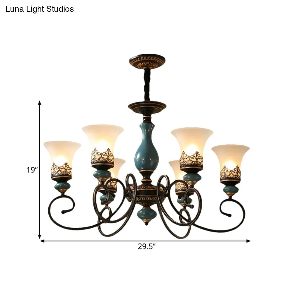 Milky Glass Bell Shade Pendant Light In Rustic Blue - 3/5/6-Head Chandelier For Unique Lighting