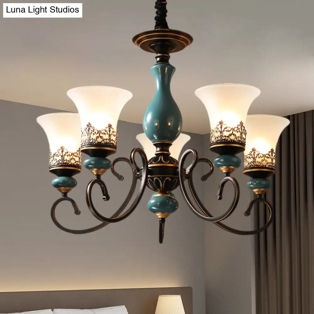 Milky Glass Bell Shade Pendant Light In Rustic Blue - 3/5/6-Head Chandelier For Unique Lighting