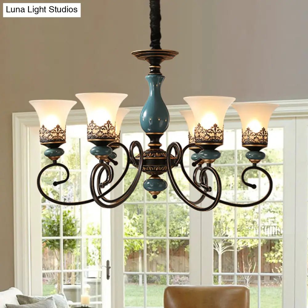 Milky Glass Bell Shade Pendant Light In Rustic Blue - 3/5/6-Head Chandelier For Unique Lighting