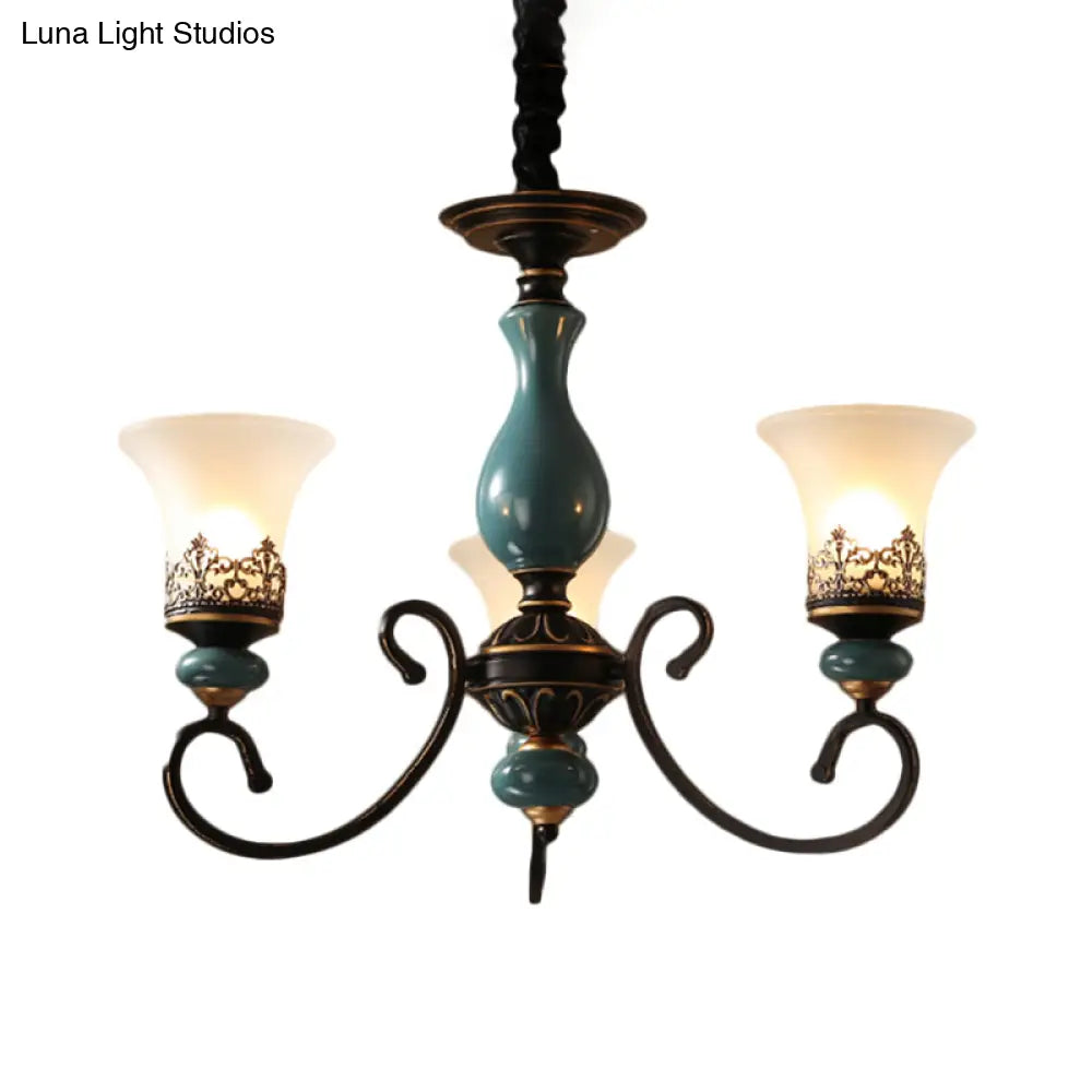 Milky Glass Bell Shade Pendant Light In Rustic Blue - 3/5/6-Head Chandelier For Unique Lighting