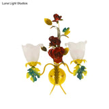 Milky Glass Blossom Wall Sconce Lamp With Yellow 1/2 Heads & Rose Decor - Country Lighting