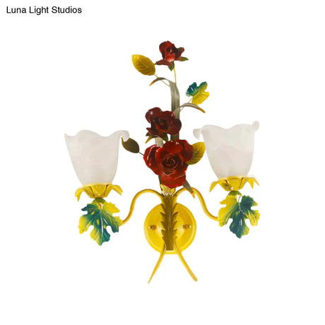 Milky Glass Blossom Wall Sconce Lamp With Yellow 1/2 Heads & Rose Decor - Country Lighting