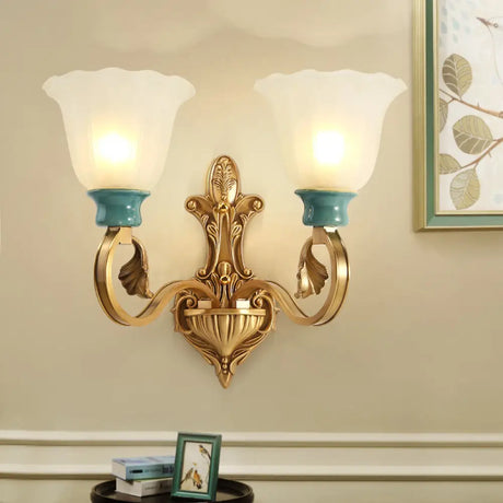 Milky Glass Brass Wall Sconce With Ginkgo Leaf Decor - Traditional Scroll Arm Lighting Fixture 2 /