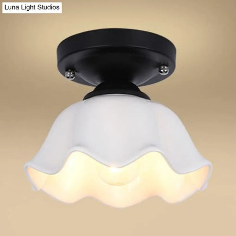 Milky Glass Industrial Living Room Light Fixture - Scalloped Semi Flush Black Finish +