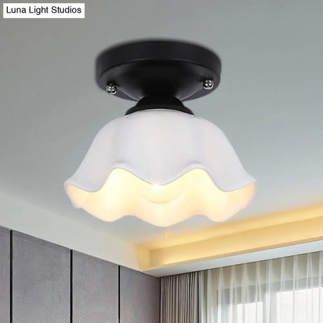 Milky Glass Industrial Living Room Light Fixture - Scalloped Semi Flush Black Finish +