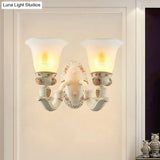 Milky Glass Ribbed Conical Living Room Sconce Light: White Floral Wall Fixture With Countryside