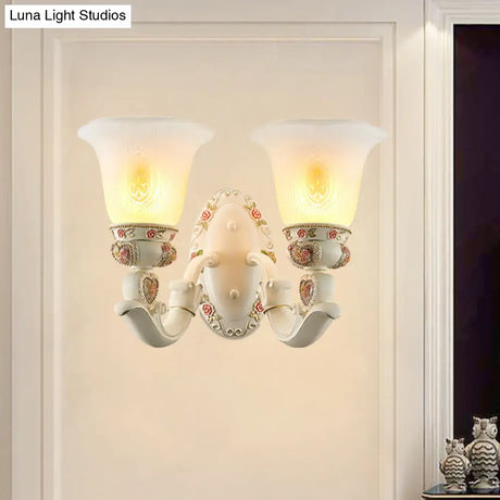 Milky Glass Ribbed Conical Living Room Sconce Light: White Floral Wall Fixture With Countryside