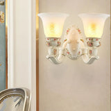 Milky Glass Ribbed Conical Living Room Sconce Light: White Floral Wall Fixture With Countryside