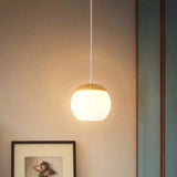 Milky Glass Sphere Pendant Light For Bedside With Wood Accent