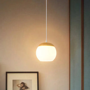 Milky Glass Sphere Pendant Light For Bedside With Wood Accent