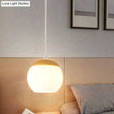 Milky Glass Sphere Pendant Light For Bedside With Wood Accent