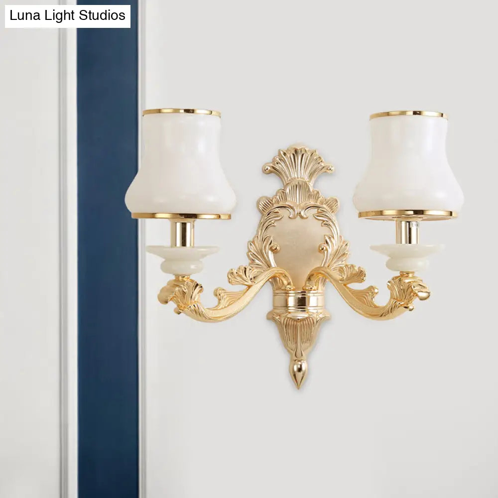 Milky Glass Wall Sconce In Classic Jar Shape With Yellow Mount