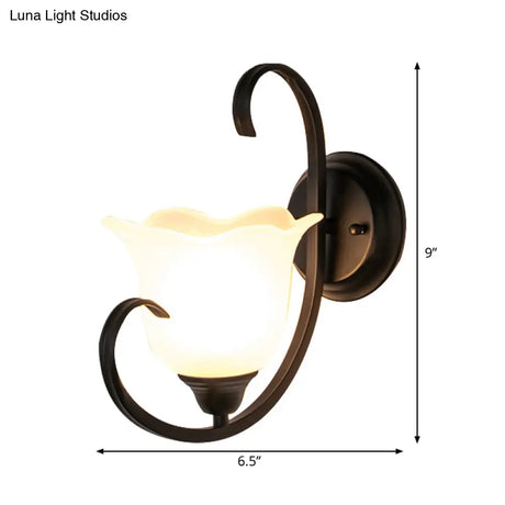 Milky Glass Wall Sconce With Floral Design And Scroll Arm For Elegant Country Decor