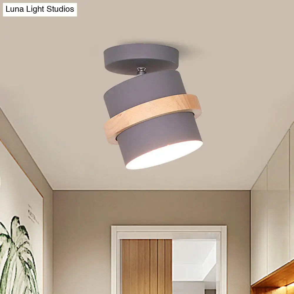 Mini Barrel Corridor Iron Ceiling Lamp With Rotating Feature - 1 Bulb Macaron Grey/Green/White Wood