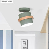 Mini Barrel Corridor Iron Ceiling Lamp With Rotating Feature - 1 Bulb Macaron Grey/Green/White Wood