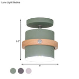 Mini Barrel Corridor Iron Ceiling Lamp With Rotating Feature - 1 Bulb Macaron Grey/Green/White Wood
