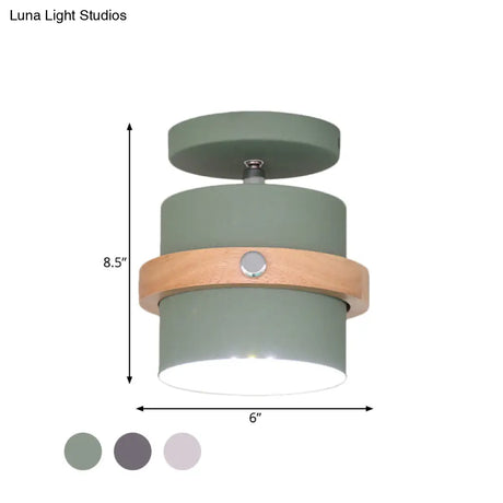 Mini Barrel Corridor Iron Ceiling Lamp With Rotating Feature - 1 Bulb Macaron Grey/Green/White Wood
