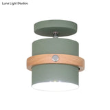 Mini Barrel Corridor Iron Ceiling Lamp With Rotating Feature - 1 Bulb Macaron Grey/Green/White Wood