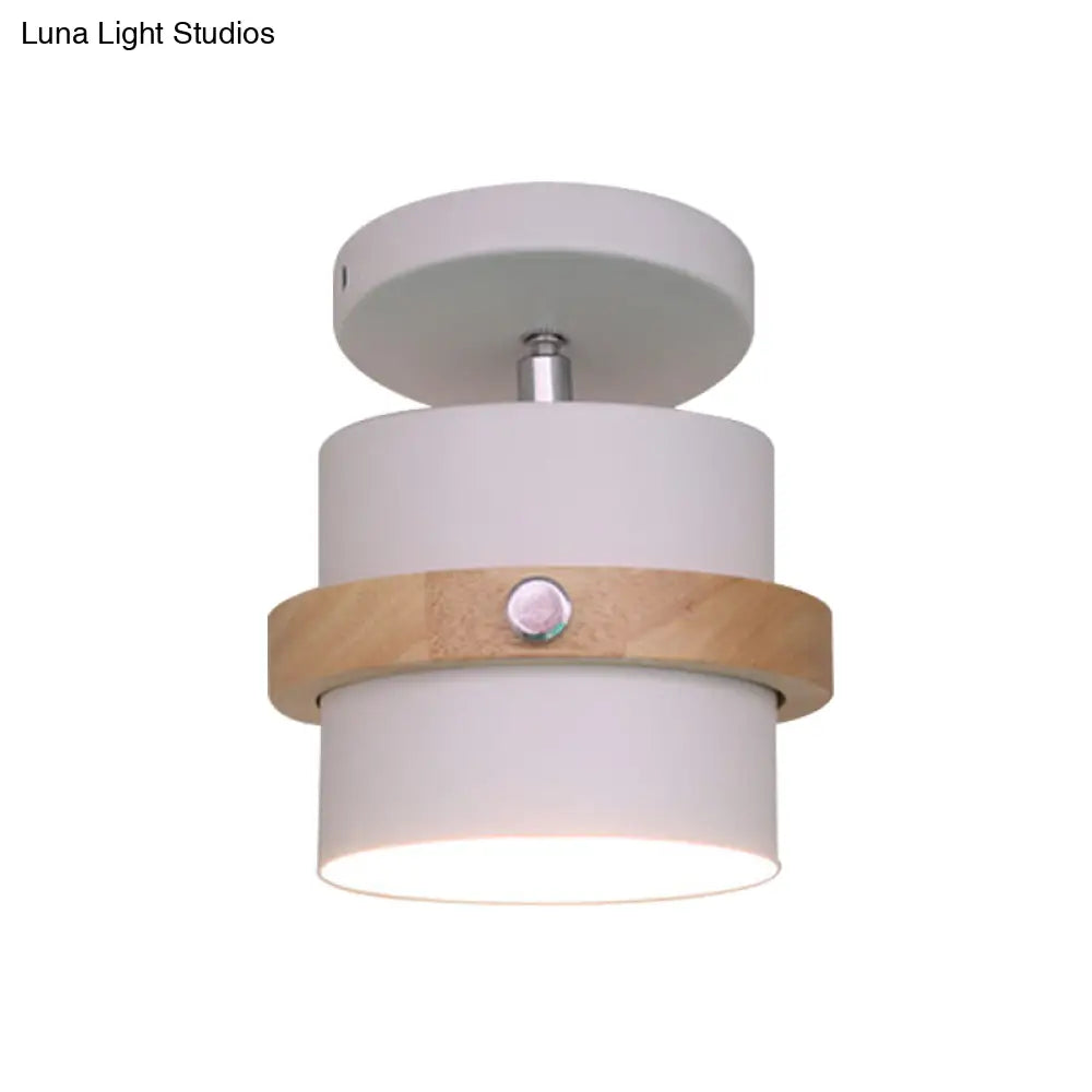 Mini Barrel Corridor Iron Ceiling Lamp With Rotating Feature - 1 Bulb Macaron Grey/Green/White Wood