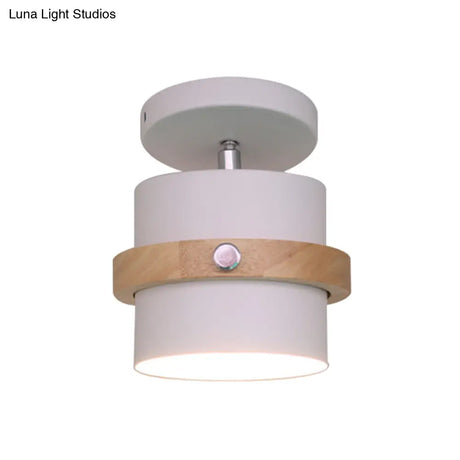 Mini Barrel Corridor Iron Ceiling Lamp With Rotating Feature - 1 Bulb Macaron Grey/Green/White Wood