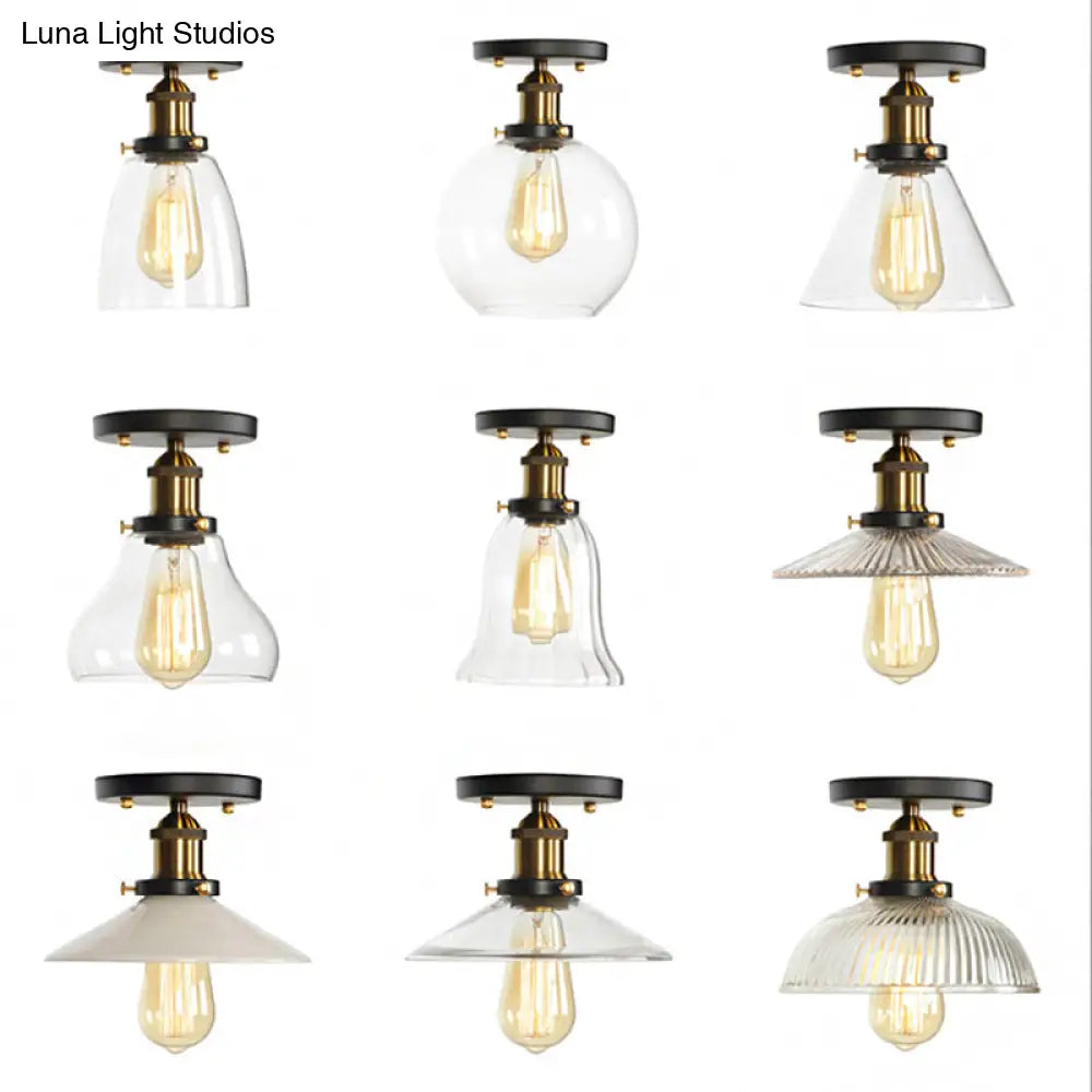 Mini Corridor Semi Flush Light Farmhouse Globe/Pear Ceiling Lamp – Clear Ribbed Glass Black &