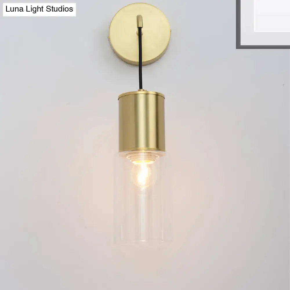 Minimal Brass Tube Wall Sconce Light With Clear Glass Mount - Single Lamp Kit