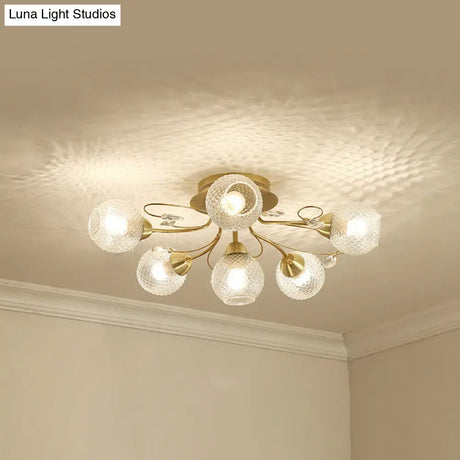 Minimal Clear Glass Globe Ceiling Mounted Fixture - 6 Bulb Semi Flush Light In Black/Gold