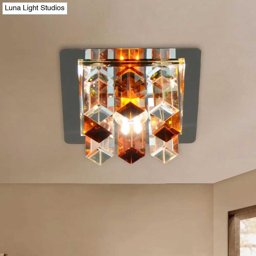 Minimal Square Led Flush Mount Light With Crystal Block - Blue/Clear/Tan Ideal For Hallway Ceiling