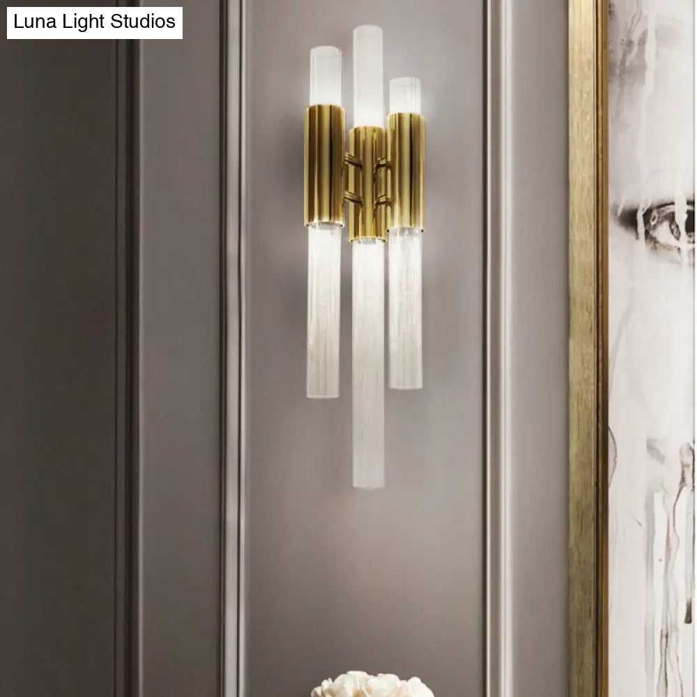 Minimalism Brass Pipe Sconce Light With Crystal Shade - 3 Lights Wall Mounted Fixture