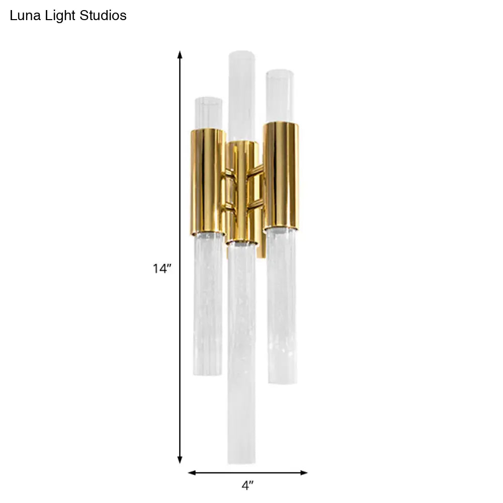 Minimalism Brass Pipe Sconce Light With Crystal Shade - 3 Lights Wall Mounted Fixture