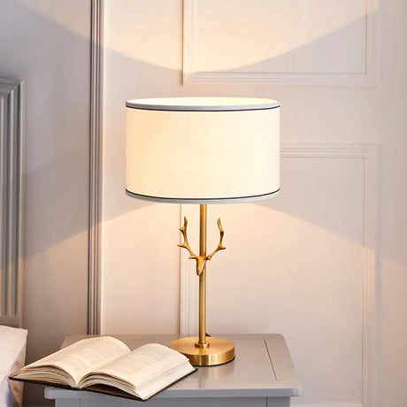 Minimalist 1 Head Fabric Night Lamp With Antler Decoration - White Round Table Light