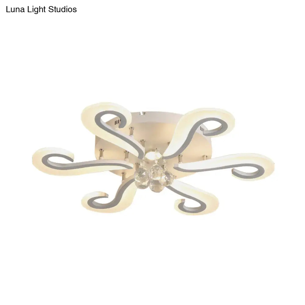 Minimalist 6-Head Acrylic Led Semi Flush Light With Crystal Droplet - White Finish