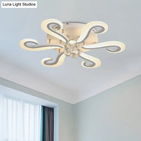 Minimalist 6-Head Acrylic Led Semi Flush Light With Crystal Droplet - White Finish