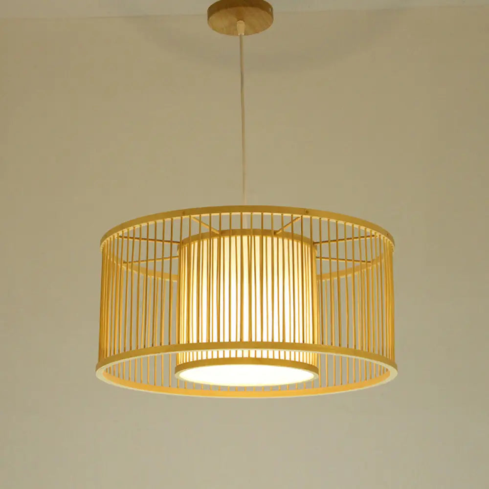 Minimalist Bamboo Drum Pendant Ceiling Light - Wood Finish Ideal For Restaurants / 12.5