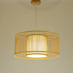 Minimalist Bamboo Drum Pendant Ceiling Light - Wood Finish Ideal For Restaurants / 12.5