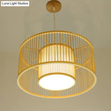 Minimalist Bamboo Drum Pendant Ceiling Light - Wood Finish Ideal For Restaurants