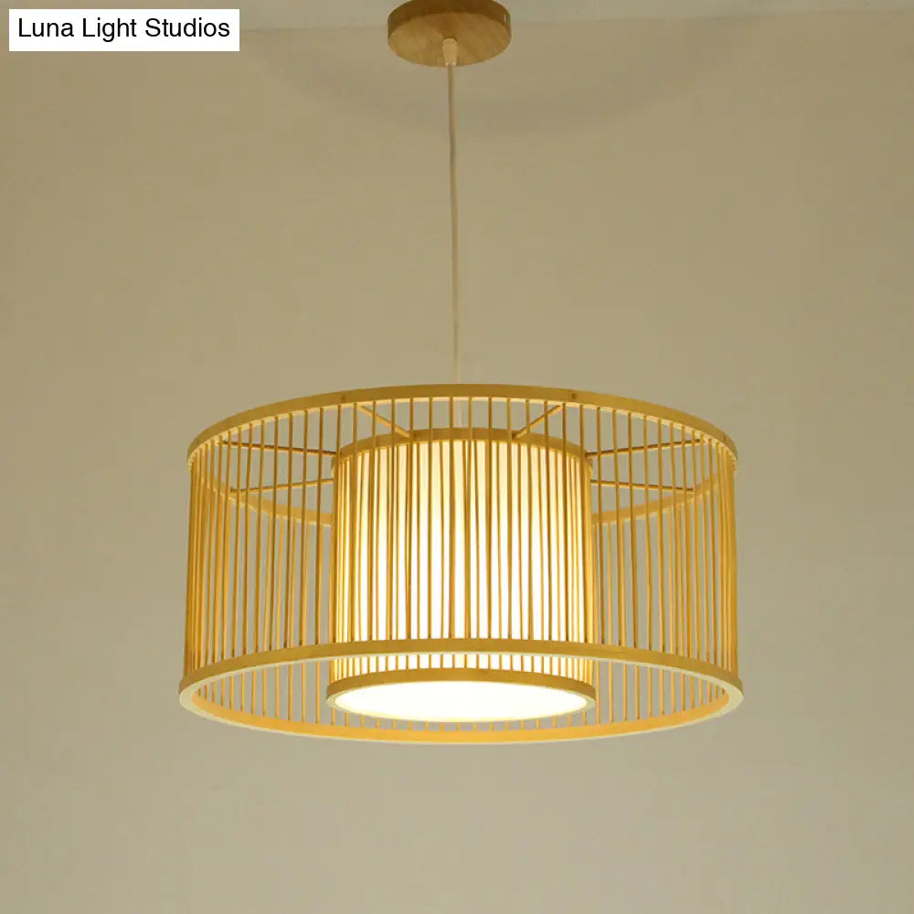 Minimalist Bamboo Drum Pendant Ceiling Light - Wood Finish Ideal For Restaurants