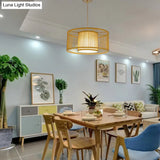 Minimalist Bamboo Drum Pendant Ceiling Light - Wood Finish Ideal For Restaurants