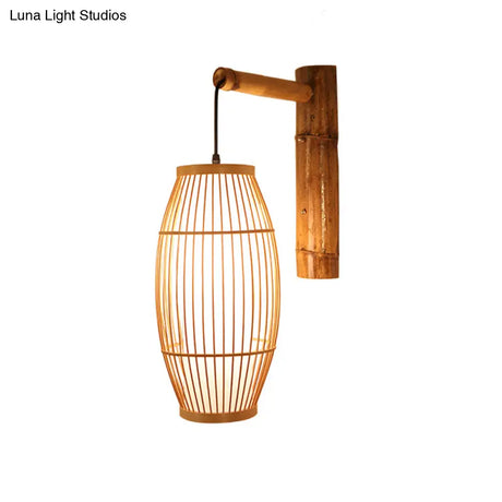 Minimalist Bamboo Wall Light: 1-Head Wood Fixture For Restaurant Lighting