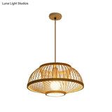 Minimalist Bamboo Woven Hanging Lamp For Restaurants - 1 Bulb Wood Suspension Lighting