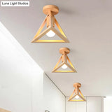 Minimalist Beige Semi Mount Ceiling Light With Pyramid Wood Cage