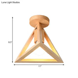 Minimalist Beige Semi Mount Ceiling Light With Pyramid Wood Cage