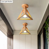 Minimalist Beige Semi Mount Ceiling Light With Pyramid Wood Cage