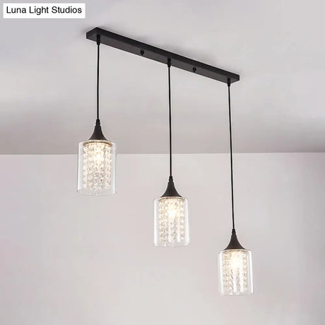 Minimalist Black Cylinder Pendant Light With 3 Clear Glass Shades And Linear/Round Canopy