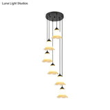 Minimalist Black Flower Stairs Pendant Light With Frosted Glass And Round Canopy