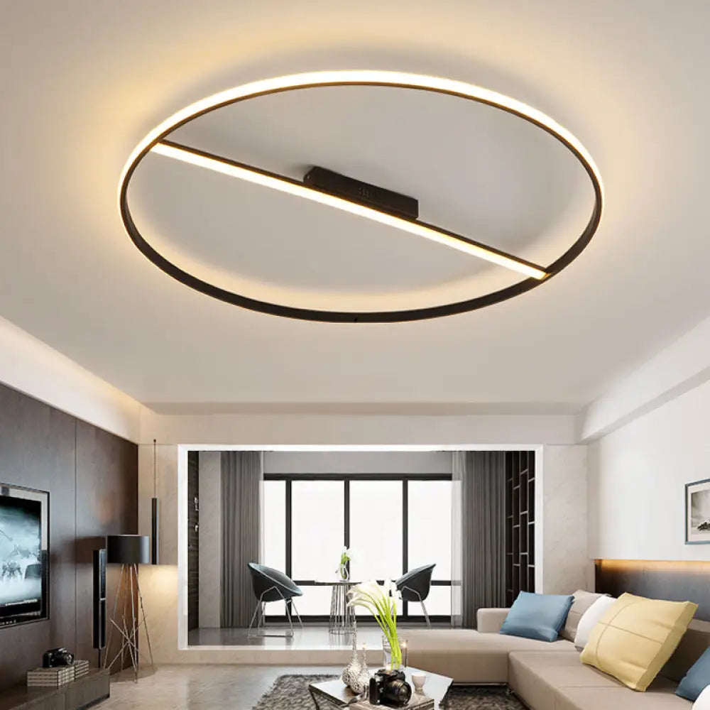 Minimalist Black Flush Mounted Led Ceiling Lamp With Cross Bar - 18’/23.5’ Diameter Warm/White