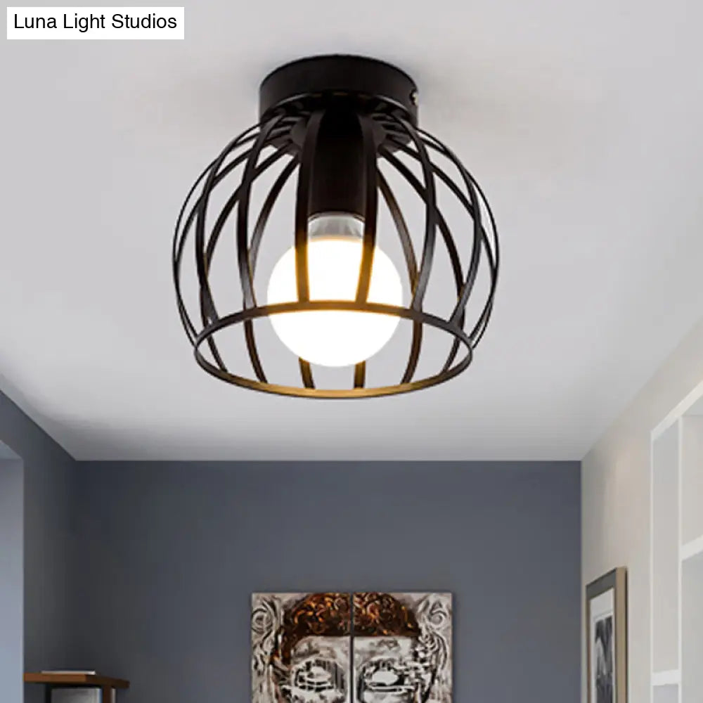 Minimalist Black/Gold Metal Cage Flushmount Light For Corridor Ceiling Mounted