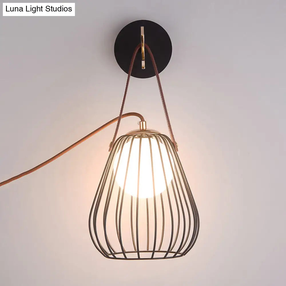 Minimalist Black Led Wall Sconce With Leather Handle - Pear Cage Iron Design