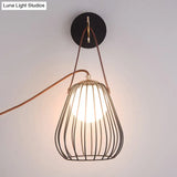 Minimalist Black Led Wall Sconce With Leather Handle - Pear Cage Iron Design